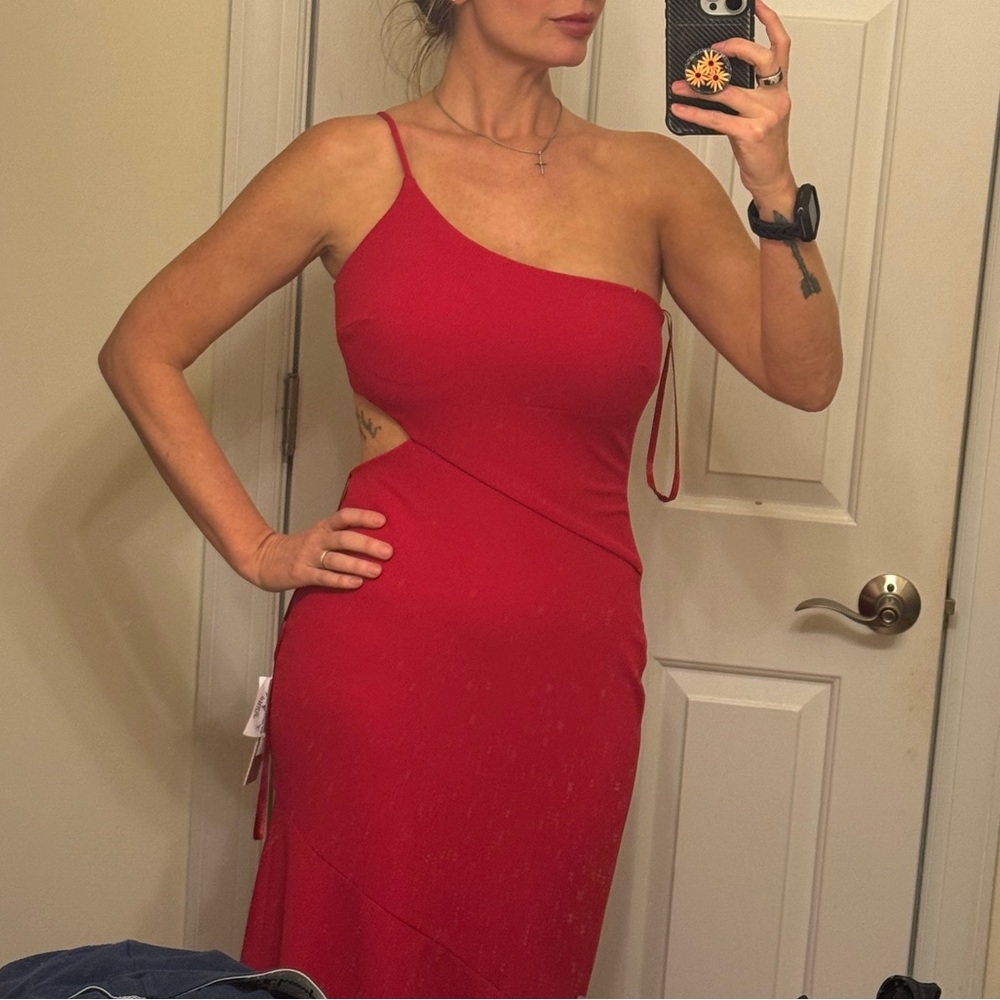 Wedding guest prom red long formal designer gown mermaid  one strap cut out